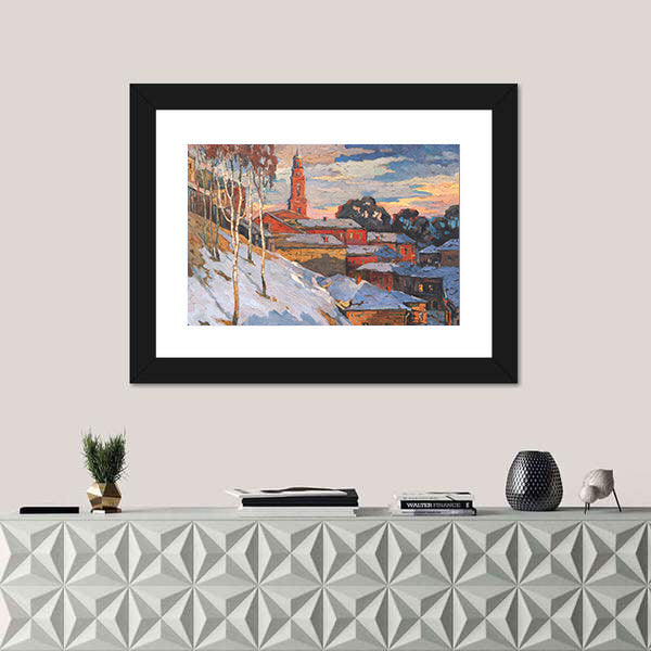 Snowy Hillside Town with Belfry Tower Canvas Wall Art