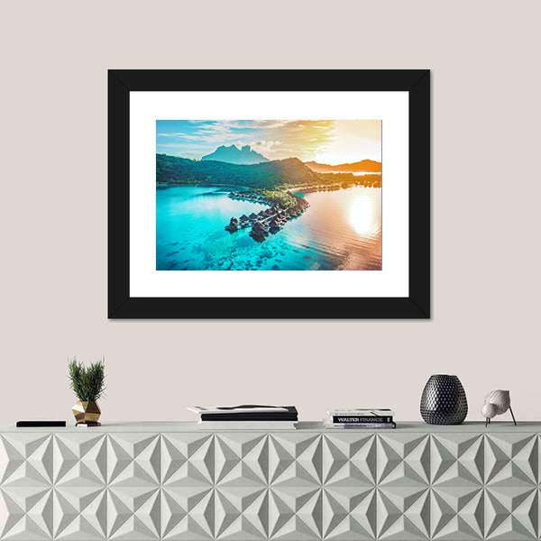 Bora Bora Overwater Bungalows at Sunset Canvas Wall Art