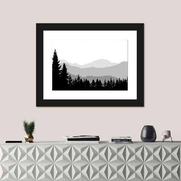 Monochrome Mountain Ranges with Pine Silhouettes Canvas Wall Art