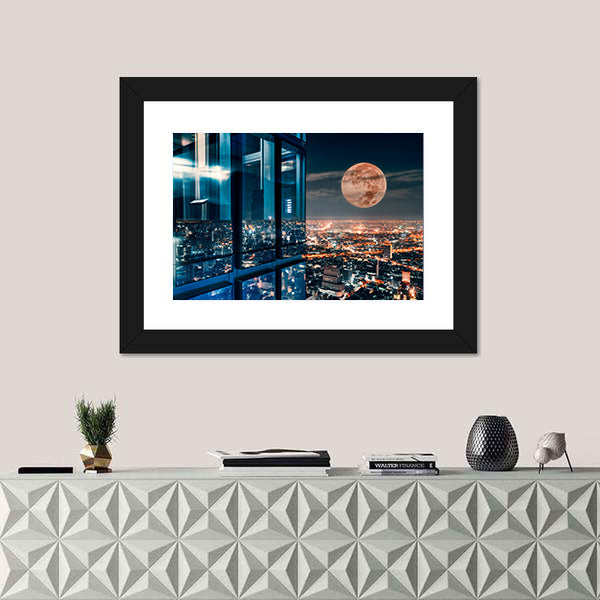 Bangkok Night Skyline with Full Moon Canvas Wall Art