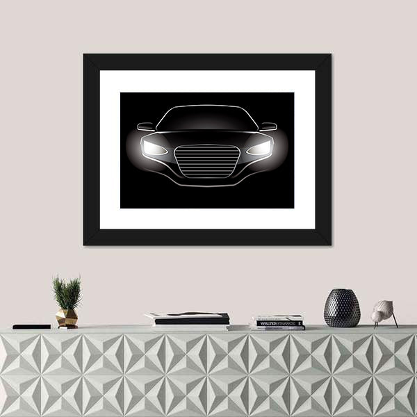 Black Car Silhouette with Glowing Headlights Canvas Wall Art