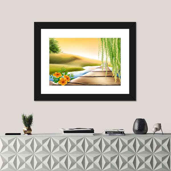 Wooden Footbridge Over Meadow Stream Canvas Wall Art