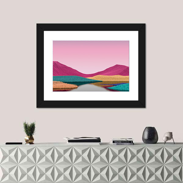 Surreal Pink Mountains with Reflective Lake Canvas Wall Art