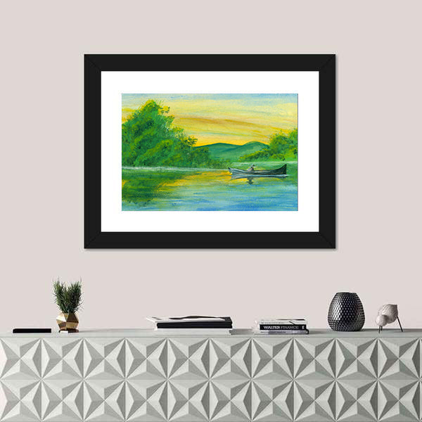 Watercolor Lake with Rowboat at Sunrise Canvas Wall Art