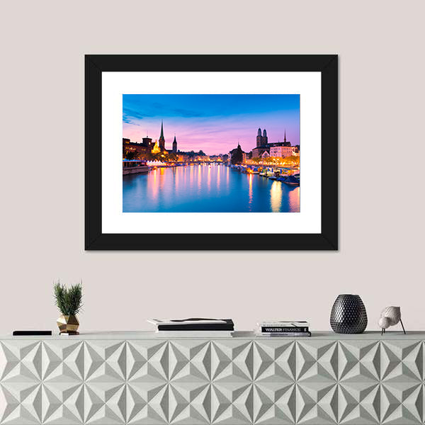 Zurich Skyline At Blue Hour In Switzerland Canvas Wall Art