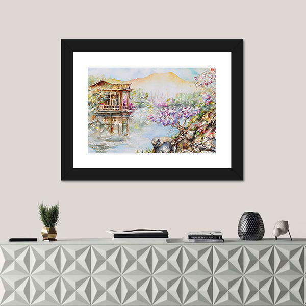West Lake Stilt House with Pink Blossoms Canvas Wall Art