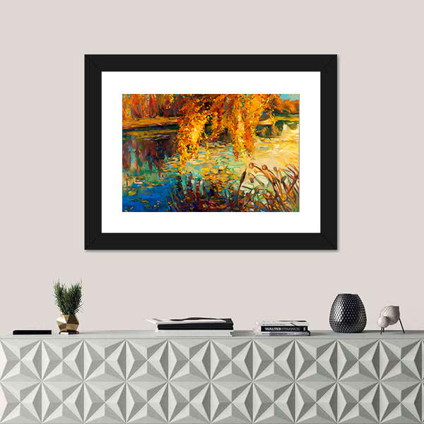 Golden Willow Over Autumn Lake Canvas Wall Art
