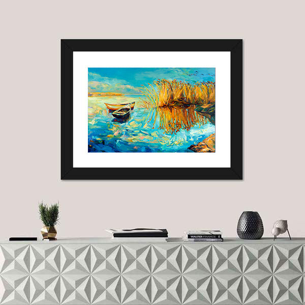 Two Rowboats at Golden Reeds Canvas Wall Art