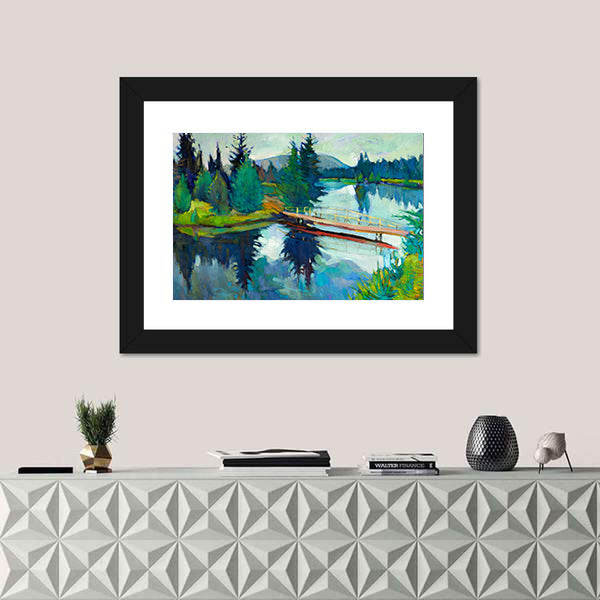 Wooden Bridge Over Reflective River Canvas Wall Art