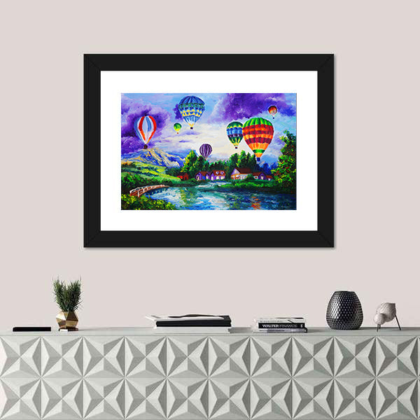 Hot Air Balloons Over River Village Canvas Wall Art