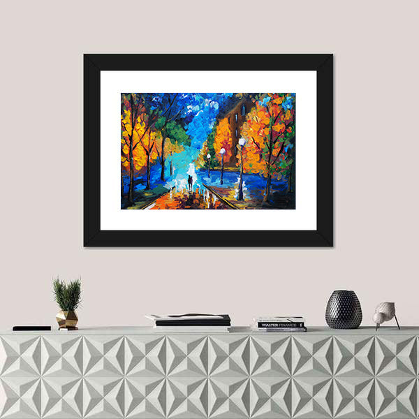 Autumn Couple Under Glowing Streetlights Canvas Wall Art