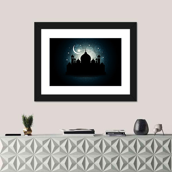 Mosque Silhouette with Crescent Moon and Mandala Canvas Wall Art