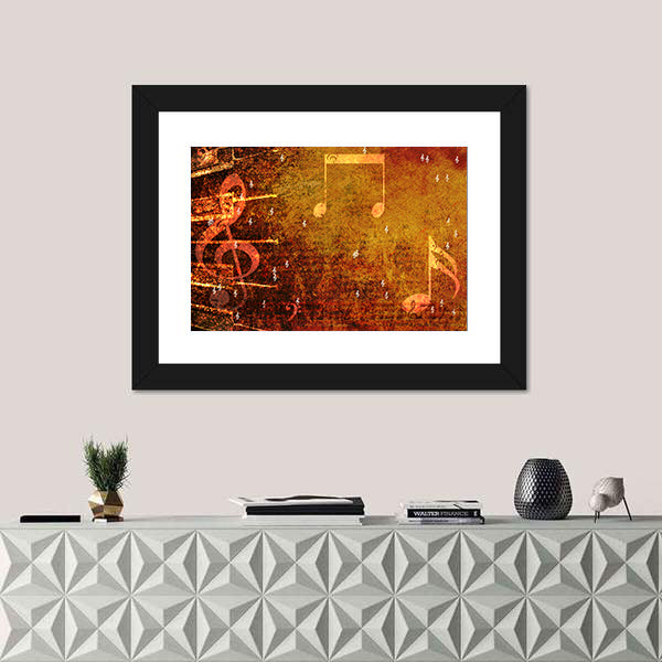 Grunge Music Notes with Golden-orange Glow Canvas Wall Art