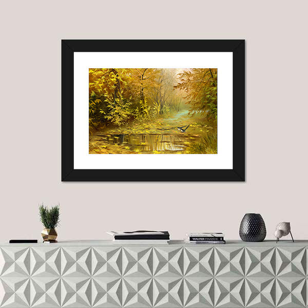 Golden Autumn Forest with Reflecting Puddle Canvas Wall Art
