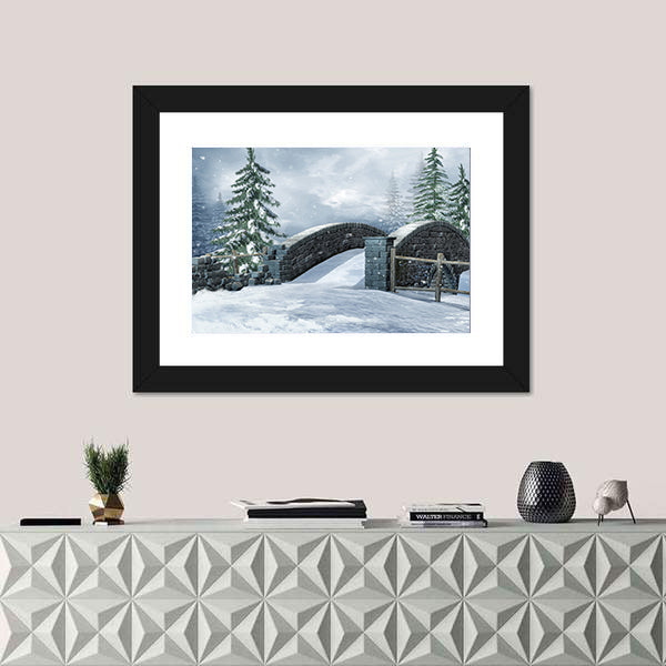 Stone Bridge On A Winter Meadow Canvas Wall Art