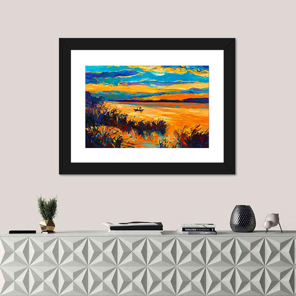Rowboat on Lake at Sunset Canvas Wall Art