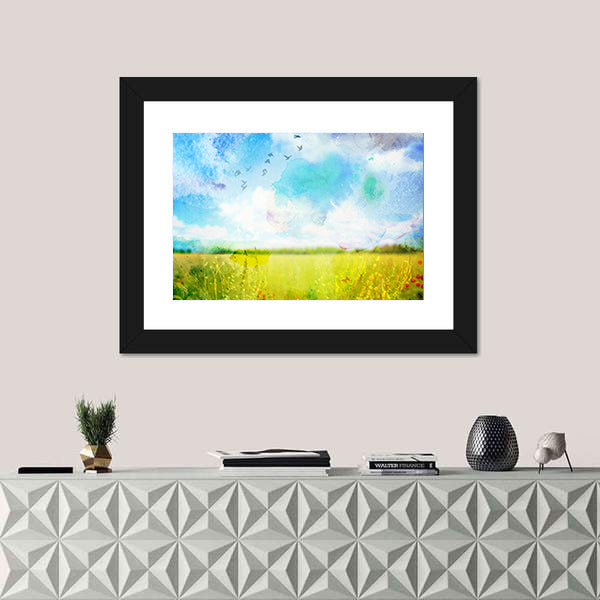 Village Meadow Watercolor Landscape Canvas Wall Art