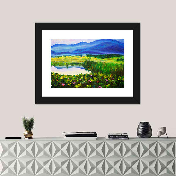 Summer Mountain Lake with Lotus Canvas Wall Art