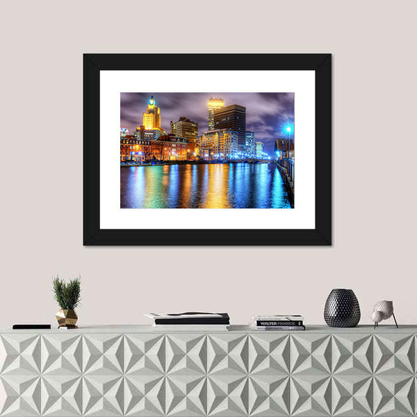 Downtown Providence Skyline with Water Reflections Canvas Wall Art