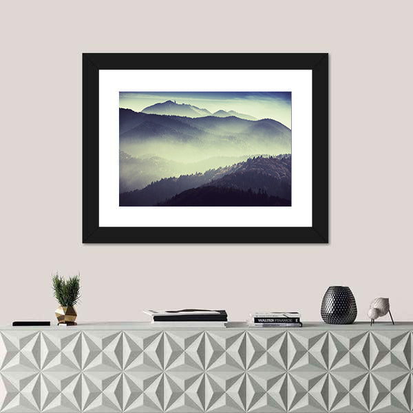 Misty Mountain Valley with Tower Silhouette Canvas Wall Art