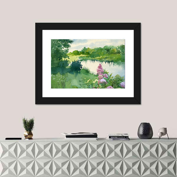 Watercolor River Landscape with Wildflowers Canvas Wall Art