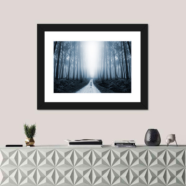 Scary Misty Road In The Forest Canvas Wall Art