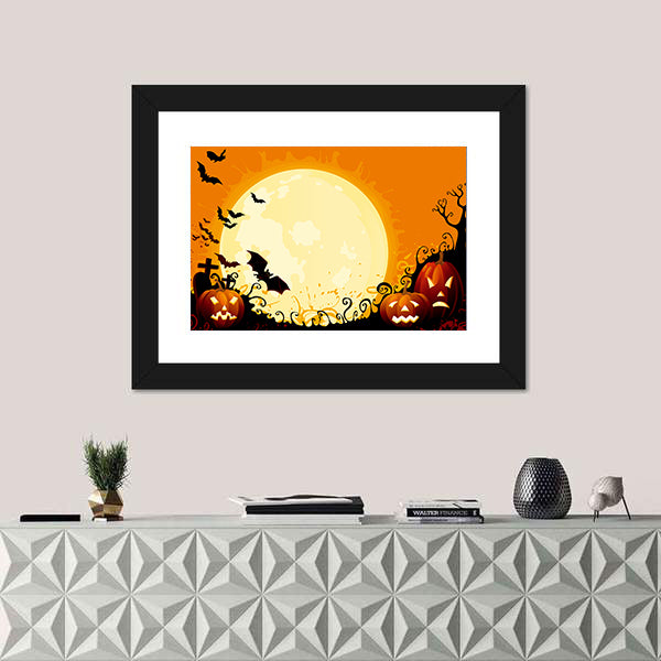 Jack-o'-lanterns Under Full Moon Canvas Wall Art