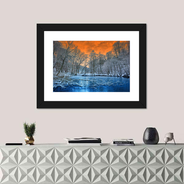 Orange Sunset Over White Winter Forest Canvas Wall Art