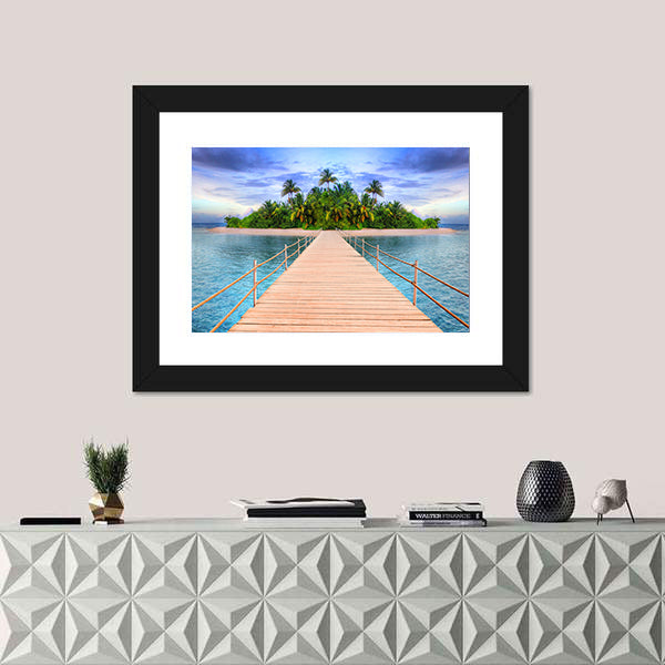 Wooden Pier to Tropical Maldives Island Canvas Wall Art