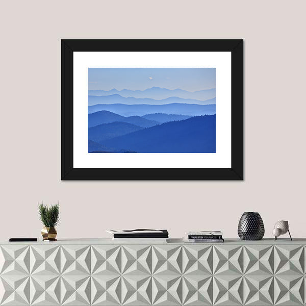 Misty Mountain Valley with Moon Canvas Wall Art