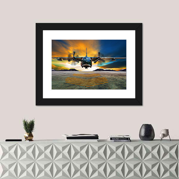Twin-engine Military Transport at Golden Hour Canvas Wall Art