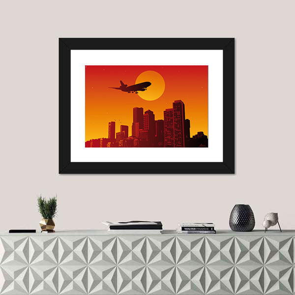 Airplane with Landing Gear Over Sunset City Canvas Wall Art