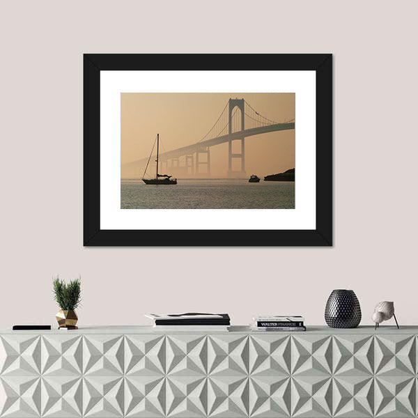 Hazy Suspension Bridge with Sailboat Canvas Wall Art