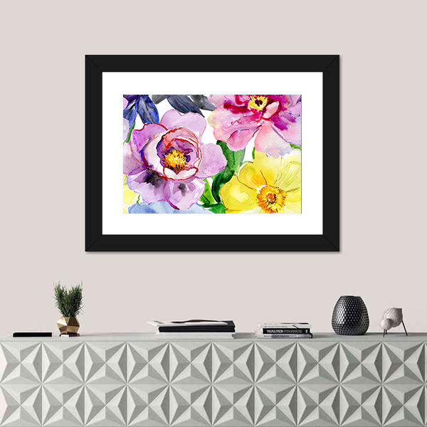 Seamless Watercolor Peonies and Poppies Canvas Wall Art