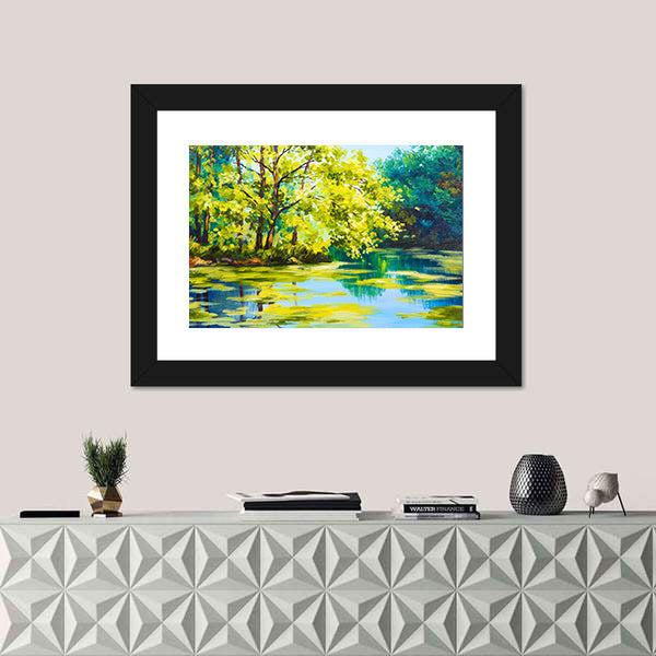 Sunlit Forest Lake Canvas Wall Art