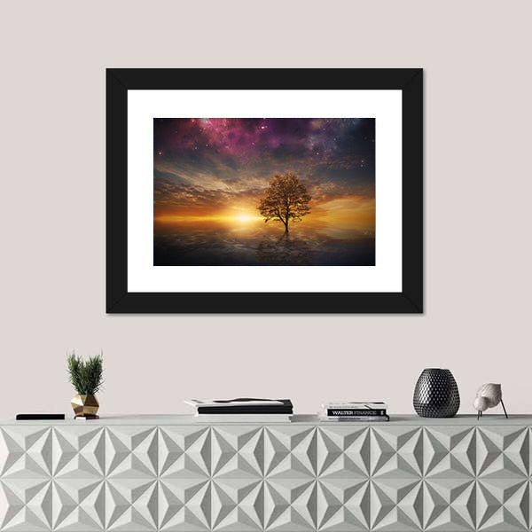 Surreal Tree Over Lake at Sunset Canvas Wall Art