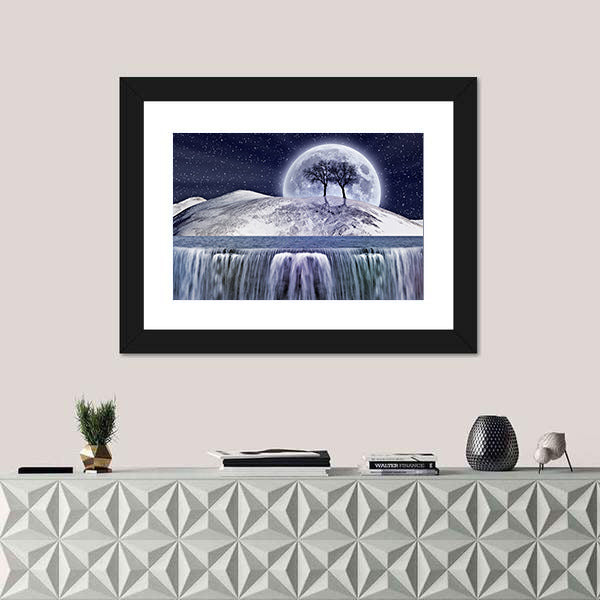 Winter Moonlight Landscape with Waterfall Canvas Wall Art