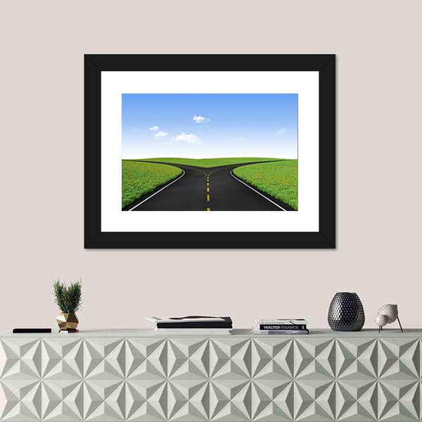 Forked Road in Sunlit Meadows Canvas Wall Art