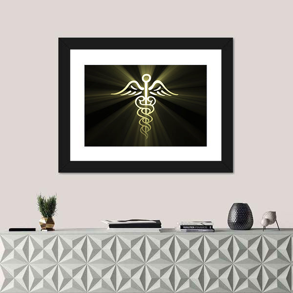 Golden Caduceus with Radiant Light Canvas Wall Art