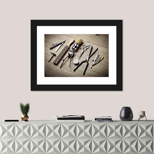Vintage Barber Tools Flat Lay Canvas Wall Art