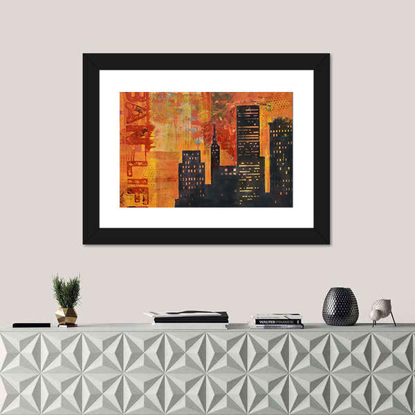 Abstract Urban Skyline with Stenciled Text Canvas Wall Art