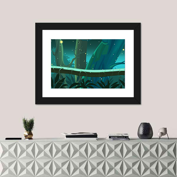 Mossy Tree Trunk with Glowing Fireflies Canvas Wall Art