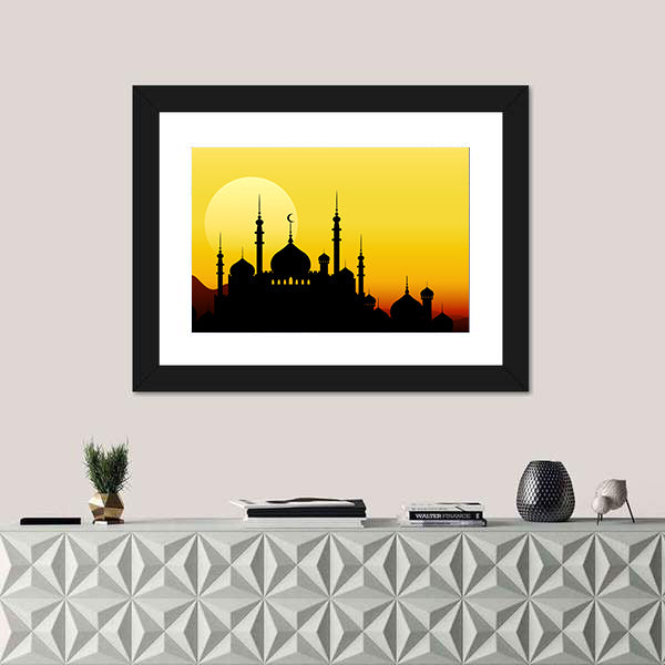 Ramadan Mosque Silhouette with Golden Sun Canvas Wall Art
