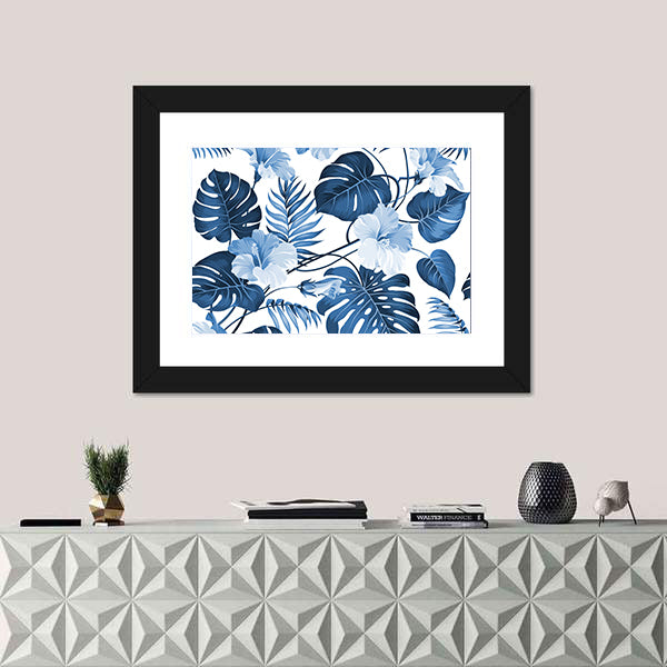 Navy Blue Tropical Leaves Pattern Canvas Wall Art
