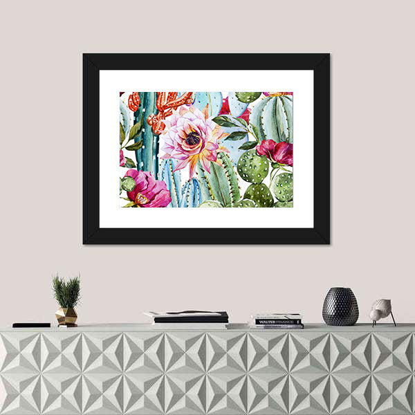 Watercolor Cactus Pattern with Pink Blooms Canvas Wall Art