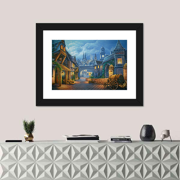 Twilight Medieval Village Through Stone Archway Canvas Wall Art