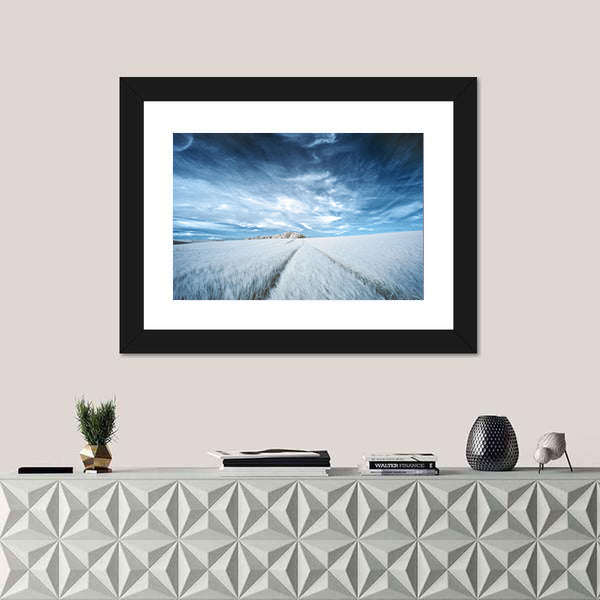 White Field with Parallel Tire Tracks Canvas Wall Art