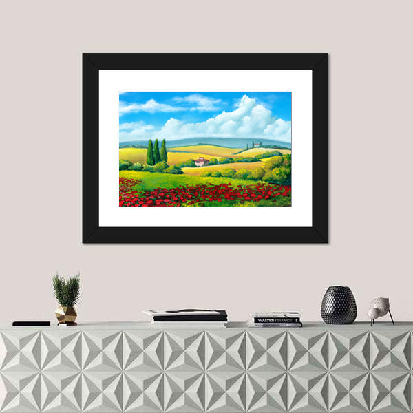 Tuscan Poppy Field with Cypress Trees Canvas Wall Art