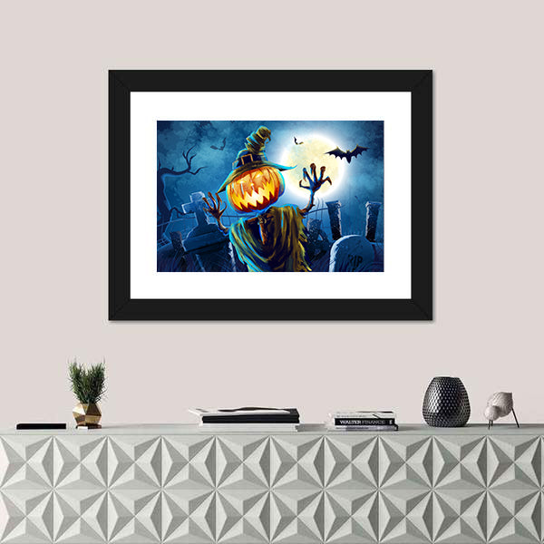 Pumpkin-headed Monster in Graveyard Canvas Wall Art