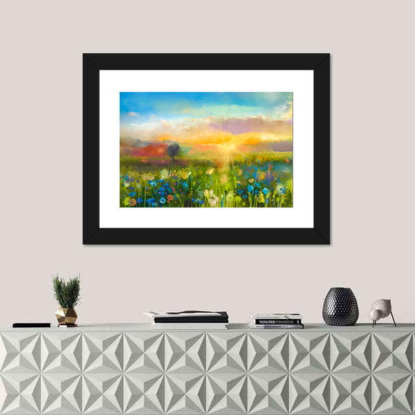 Sunset Over Wildflower Meadow Canvas Wall Art